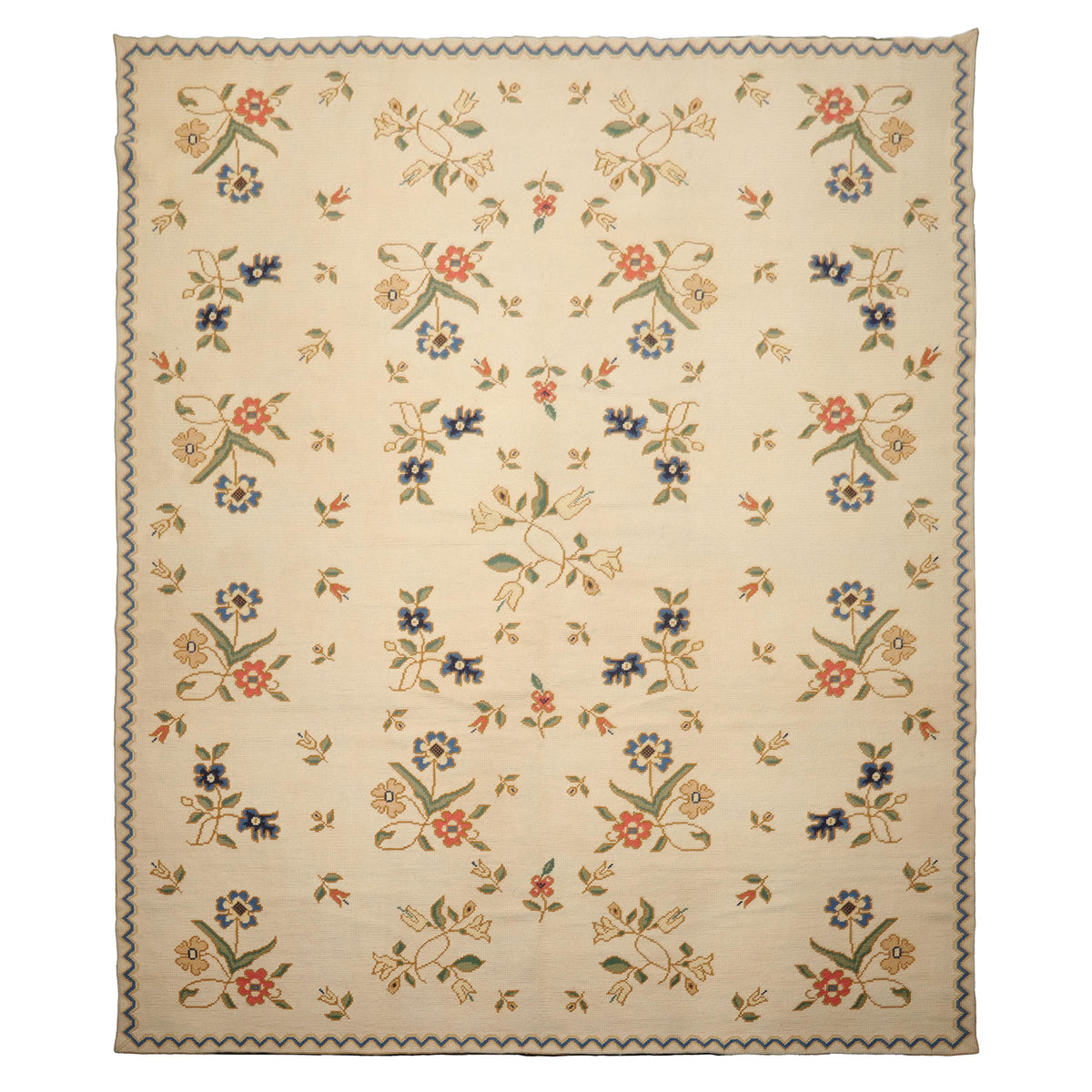 8x10 Ivory, Blue, Green Color Hand Woven Portugese Needlepoint Wool Traditional Oriental Rug