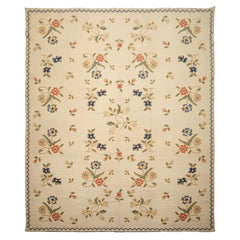 8x10 Ivory, Blue, Green Color Hand Woven Portugese Needlepoint Wool Traditional Oriental Rug