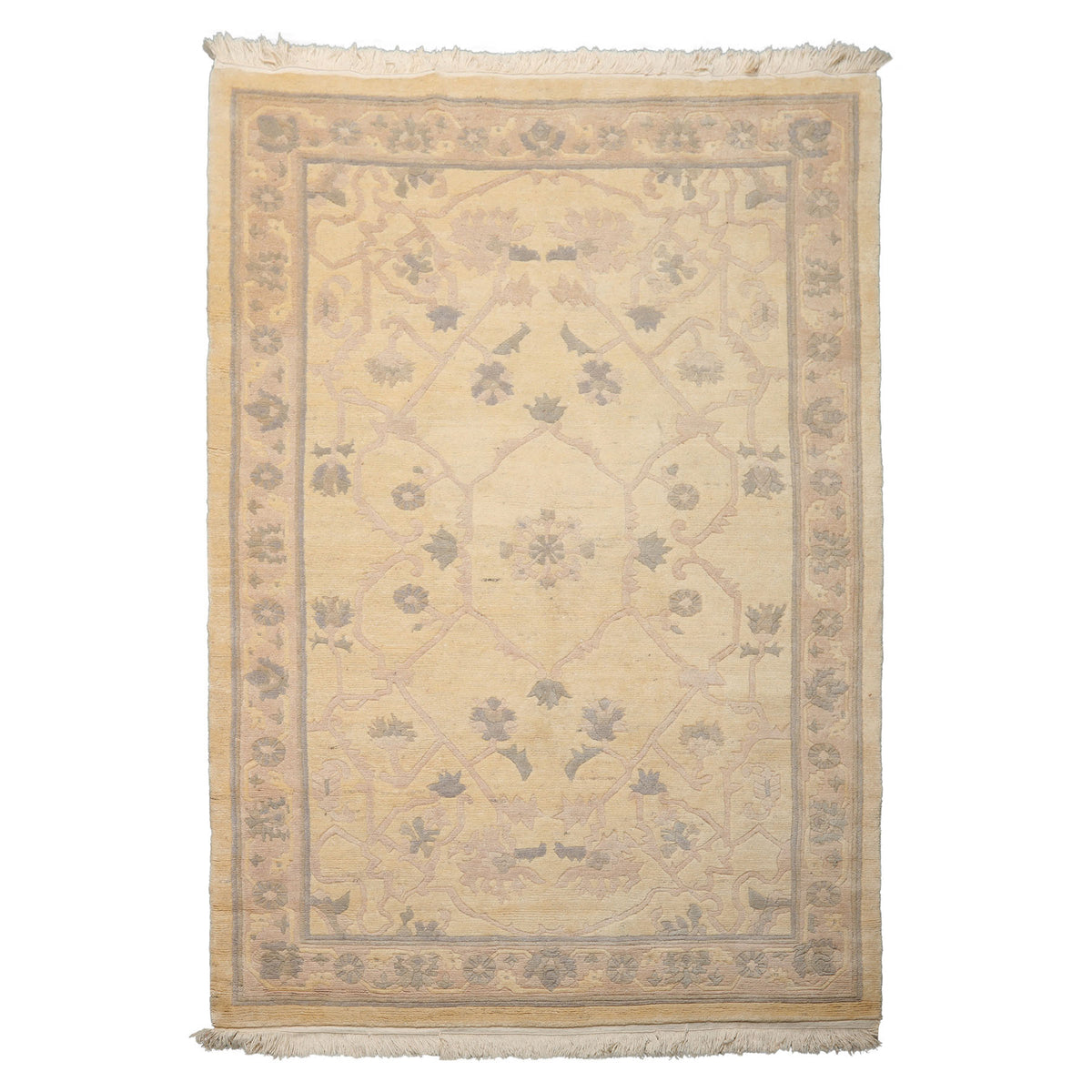 6x9 Ivory, Gray, Rose Color Hand Knotted Tibetan Wool Transitional Oriental Rug