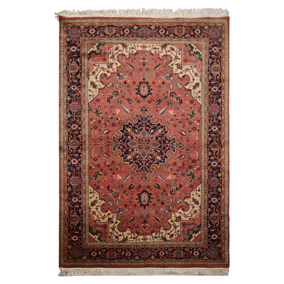 6x9 Rose, Navy, Ivory Color Hand Knotted Heriz Wool Traditional Oriental Rug