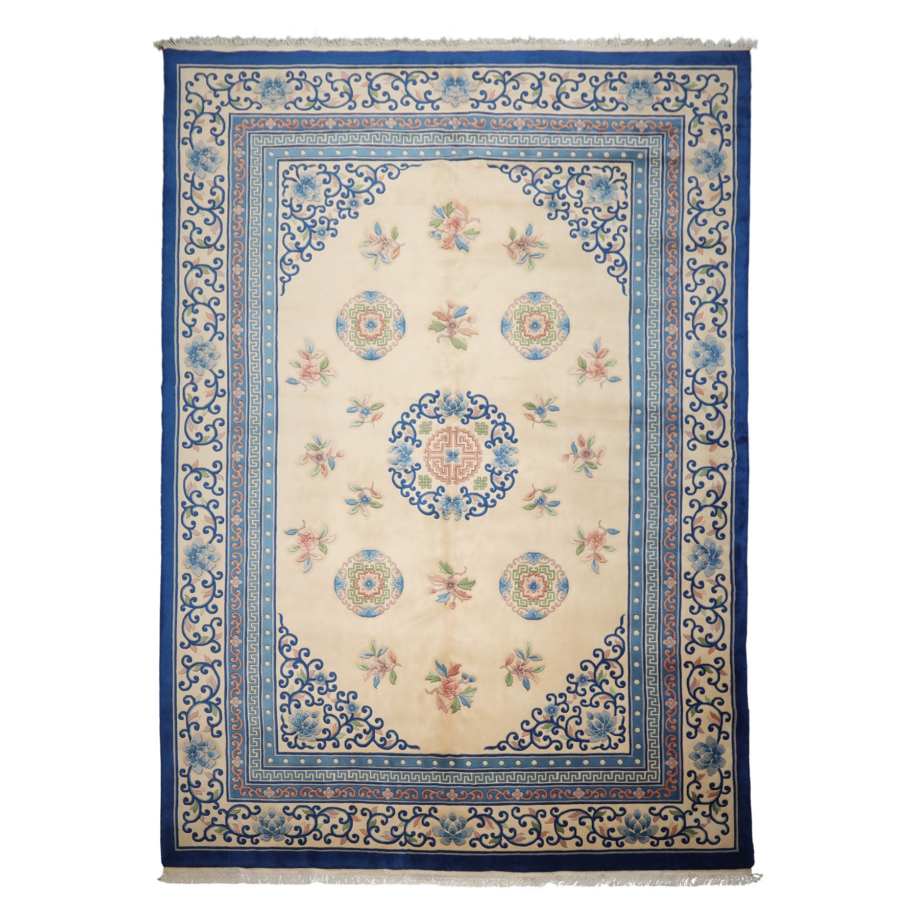 9x13 Ivory, Royal Blue, Rose Color Hand Knotted French Aubusson Savonnerie Wool Traditional Oriental Rug