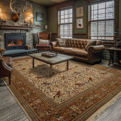 Ivory 9x13'9" Tabriz Pictorial Hunting Scene Vintage Hand Knotted Wool Oriental Area Rug