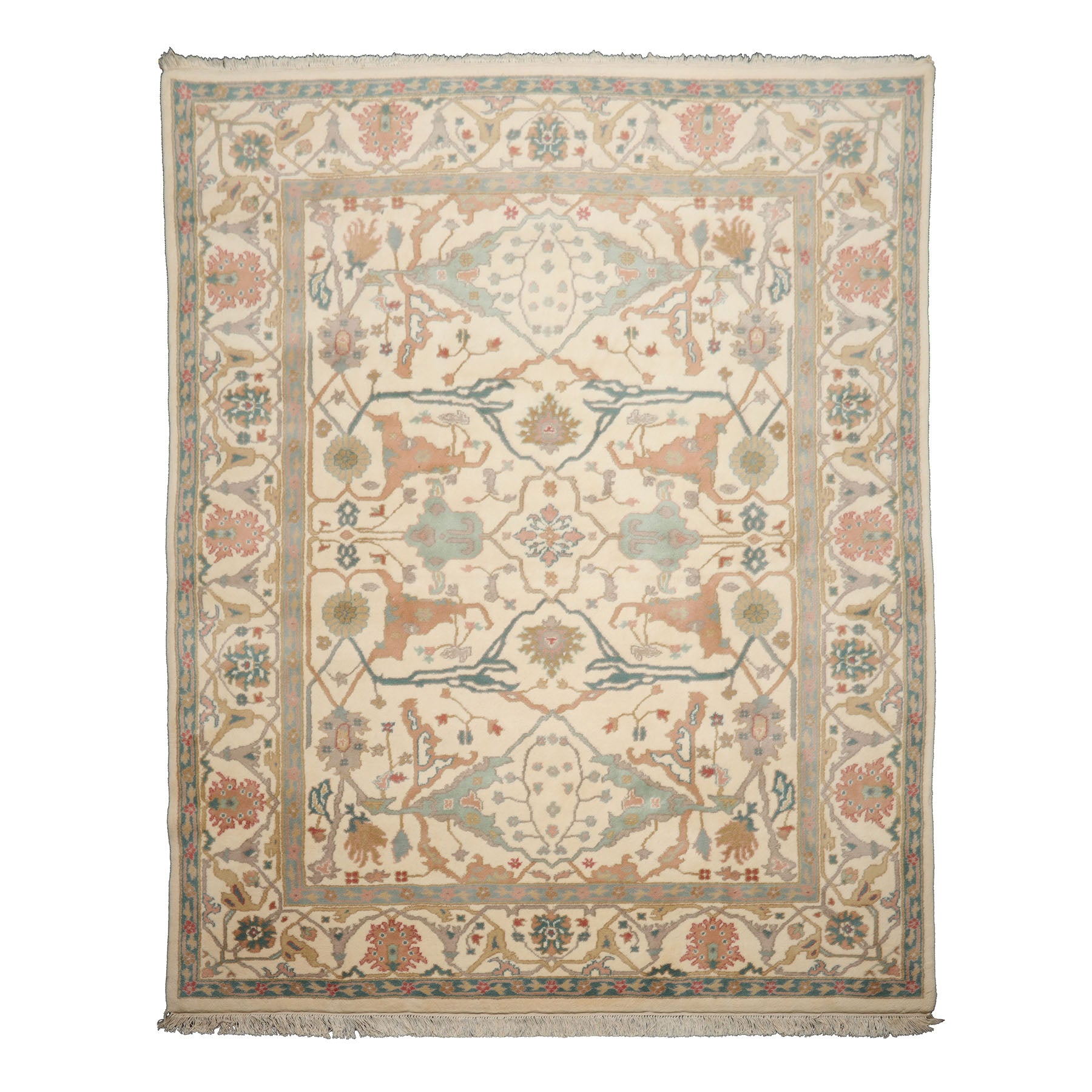 8x10 Ivory, Aqua, Rose Color Hand Knotted Oushak New Zealand Wool Art & Crafts Oriental Rug