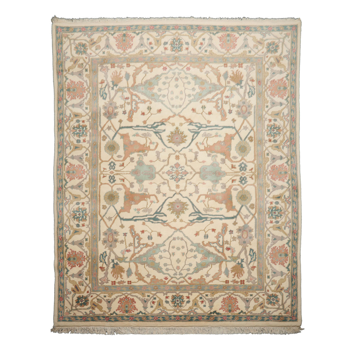 8x10 Ivory, Aqua, Rose Color Hand Knotted Oushak New Zealand Wool Art & Crafts Oriental Rug
