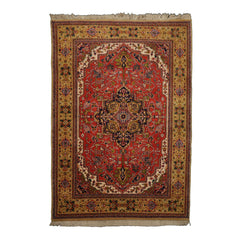 6x9 Orange, Navy, Gold Color Hand Knotted Serapi New Zealand Wool Traditional Oriental Rug