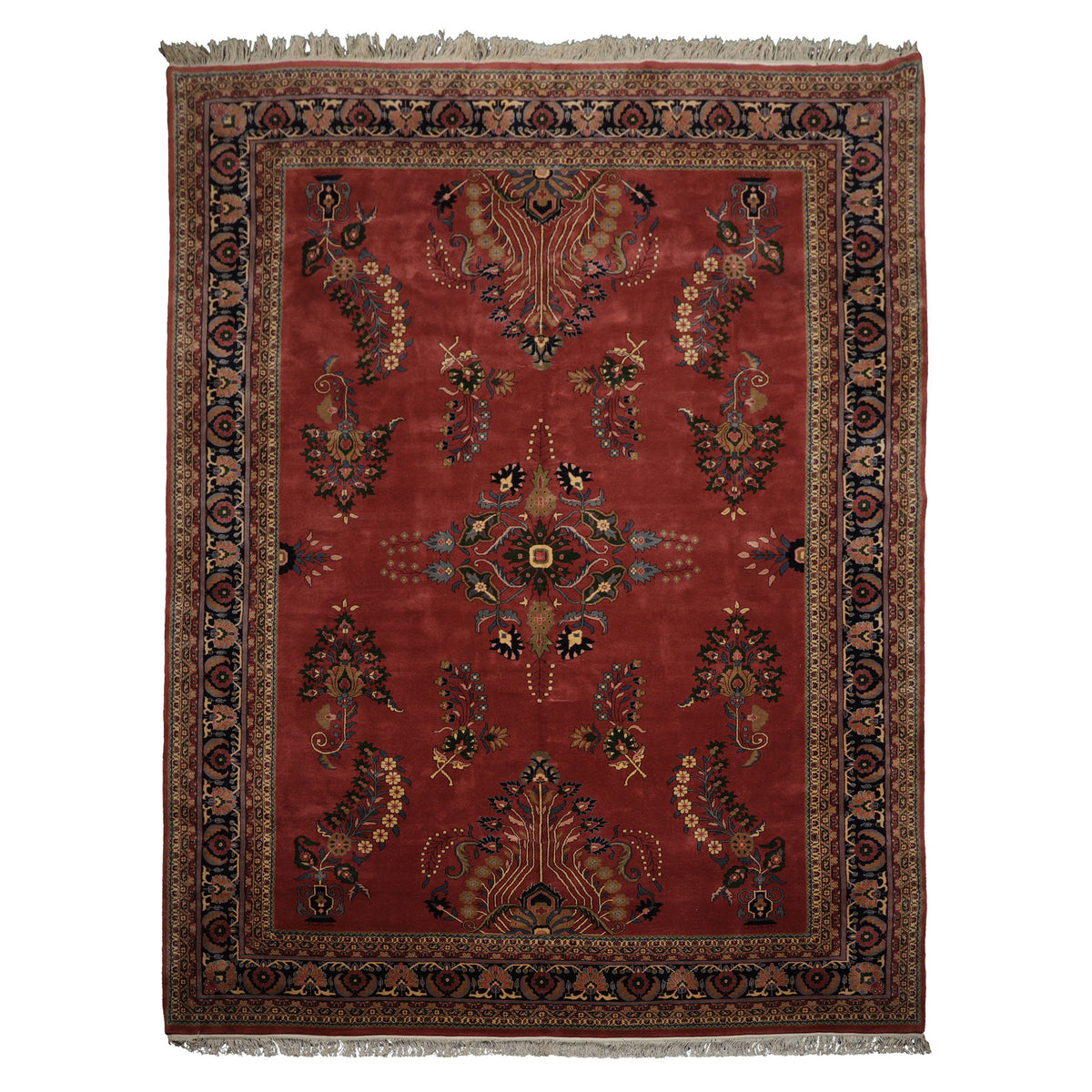 Multi Size Rose Midnight Blue Ivory Color Hand Knotted Sarouk New Zealand Wool Traditional Oriental Rug