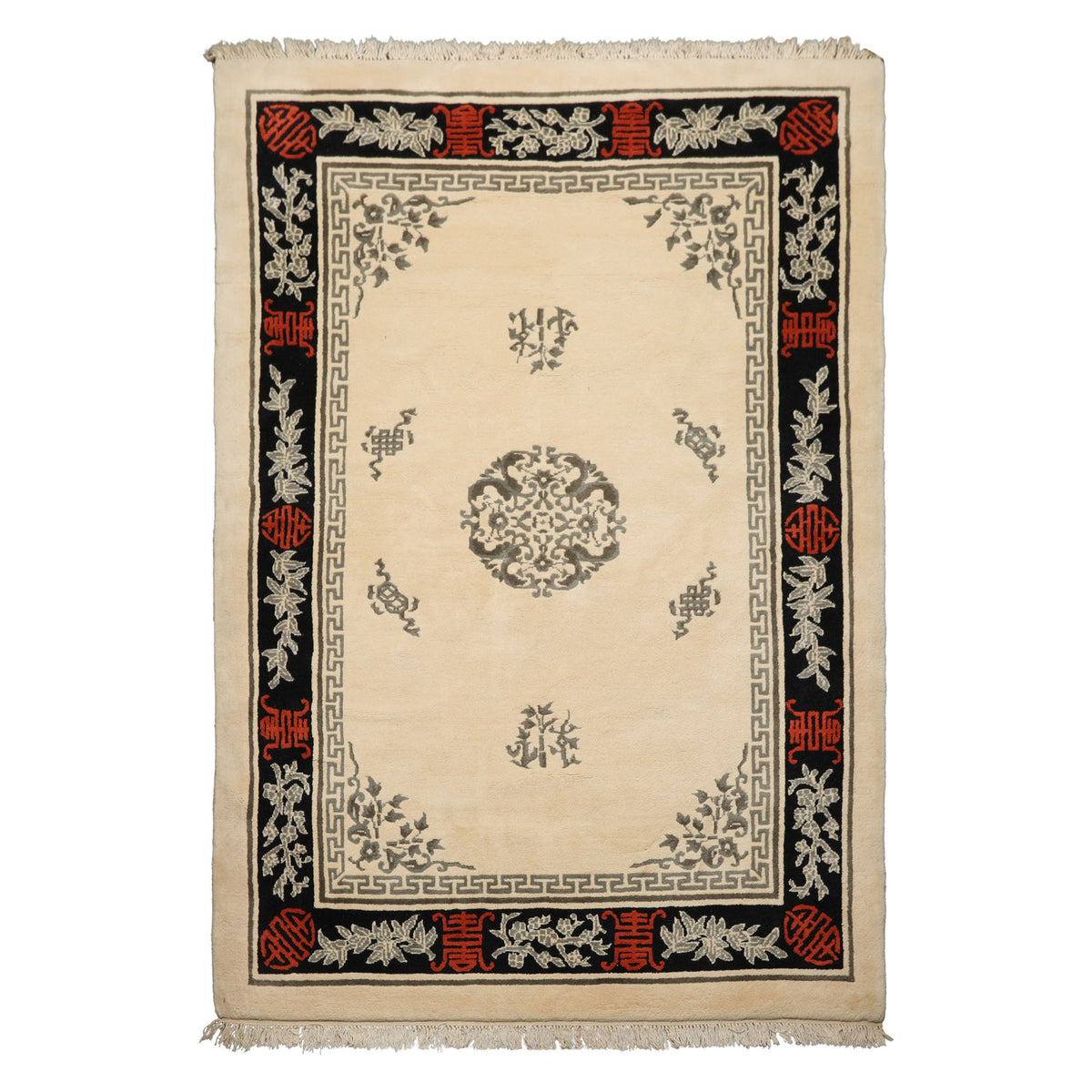 6x9 Ivory, Black, Orange Color Hand Knotted Chinese Art Deco New Zealand Wool Traditional Oriental Rug