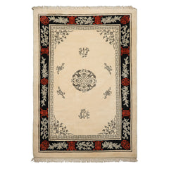 6x9 Ivory, Black, Orange Color Hand Knotted Chinese Art Deco New Zealand Wool Traditional Oriental Rug