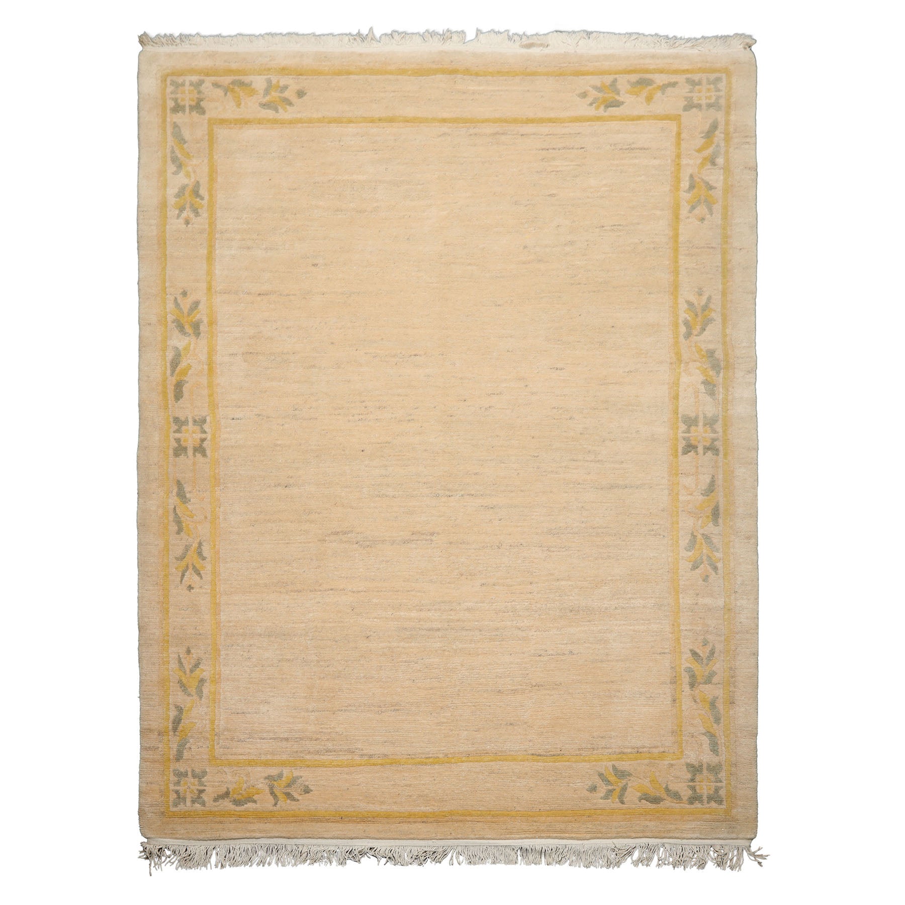 6x9 Oatmeal, Gold, Gray Color Hand Knotted Tibetan New Zealand Wool Art Deco Oriental Rug