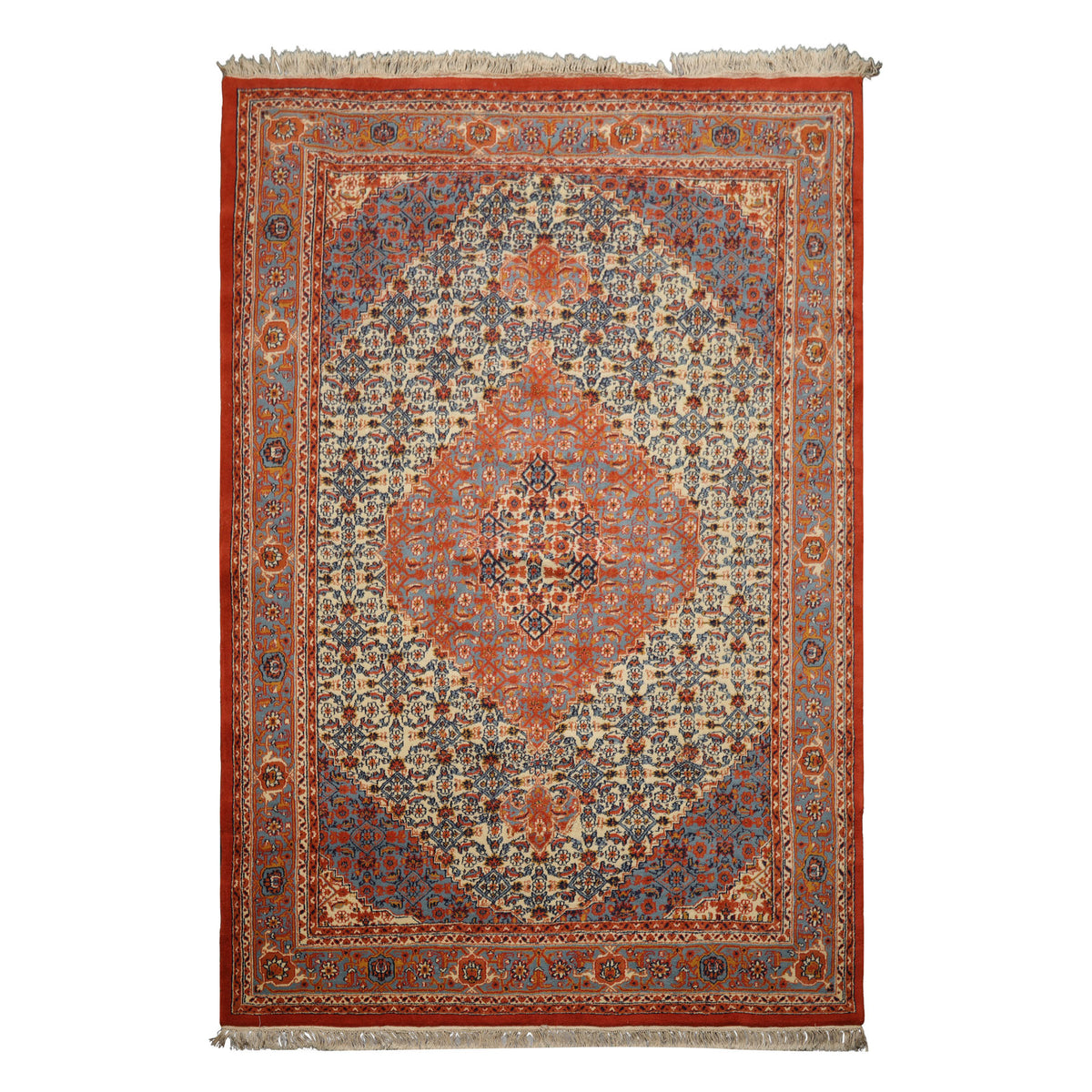 6x9 Ivory, Orange, Blue Color Hand Knotted Serapi New Zealand Wool Traditional Oriental Rug
