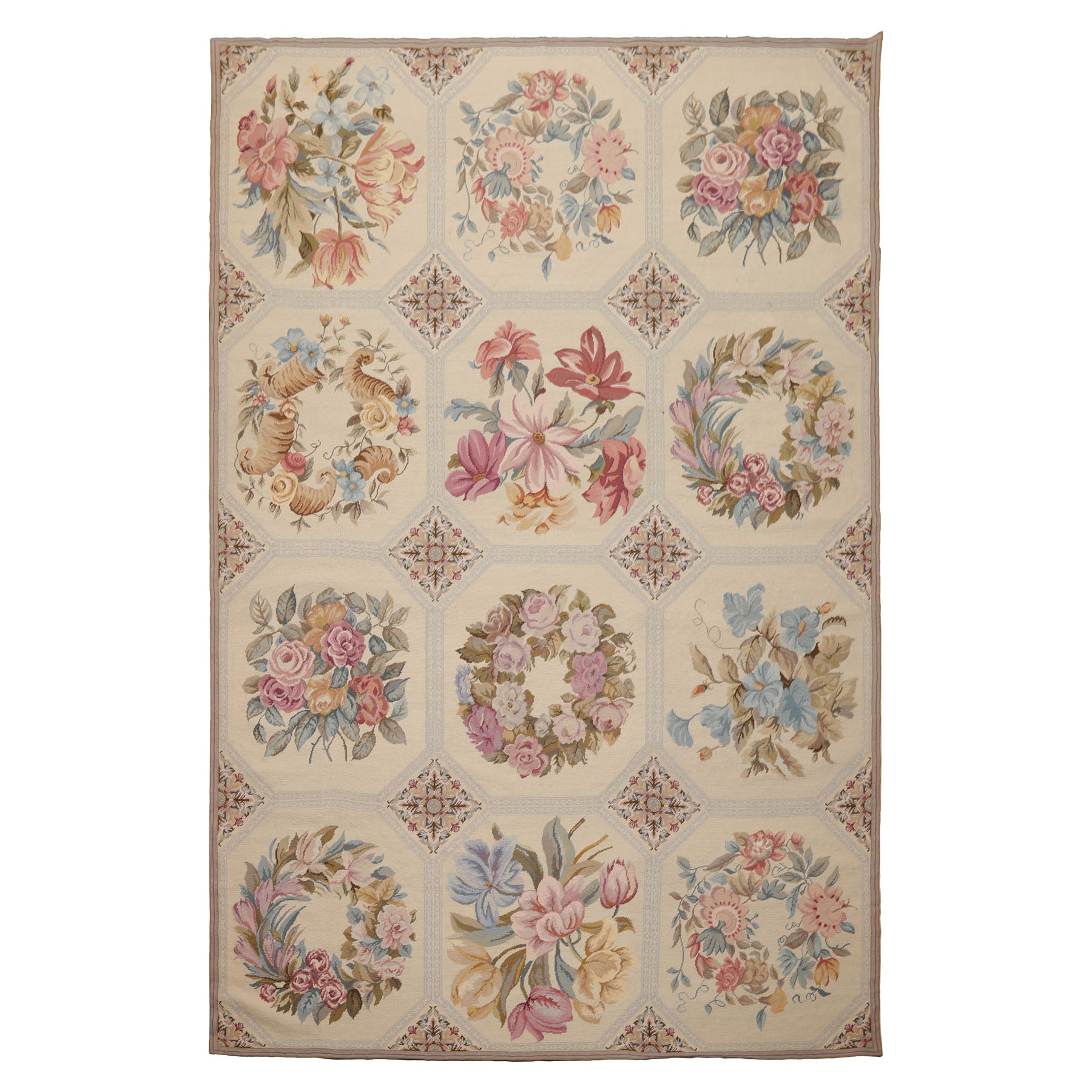 6x9 Ivory, Rose, Blue Color Hand Woven French Needlepoint Wool Traditional Oriental Rug
