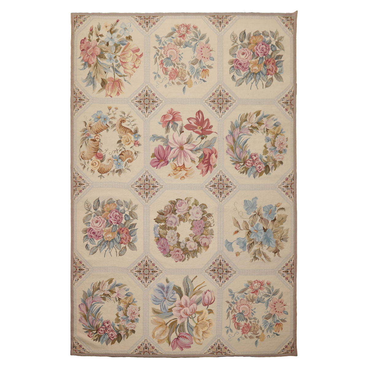 6x9 Ivory, Rose, Blue Color Hand Woven French Needlepoint Wool Traditional Oriental Rug