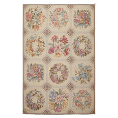 6x9 Ivory, Rose, Blue Color Hand Woven French Needlepoint Wool Traditional Oriental Rug