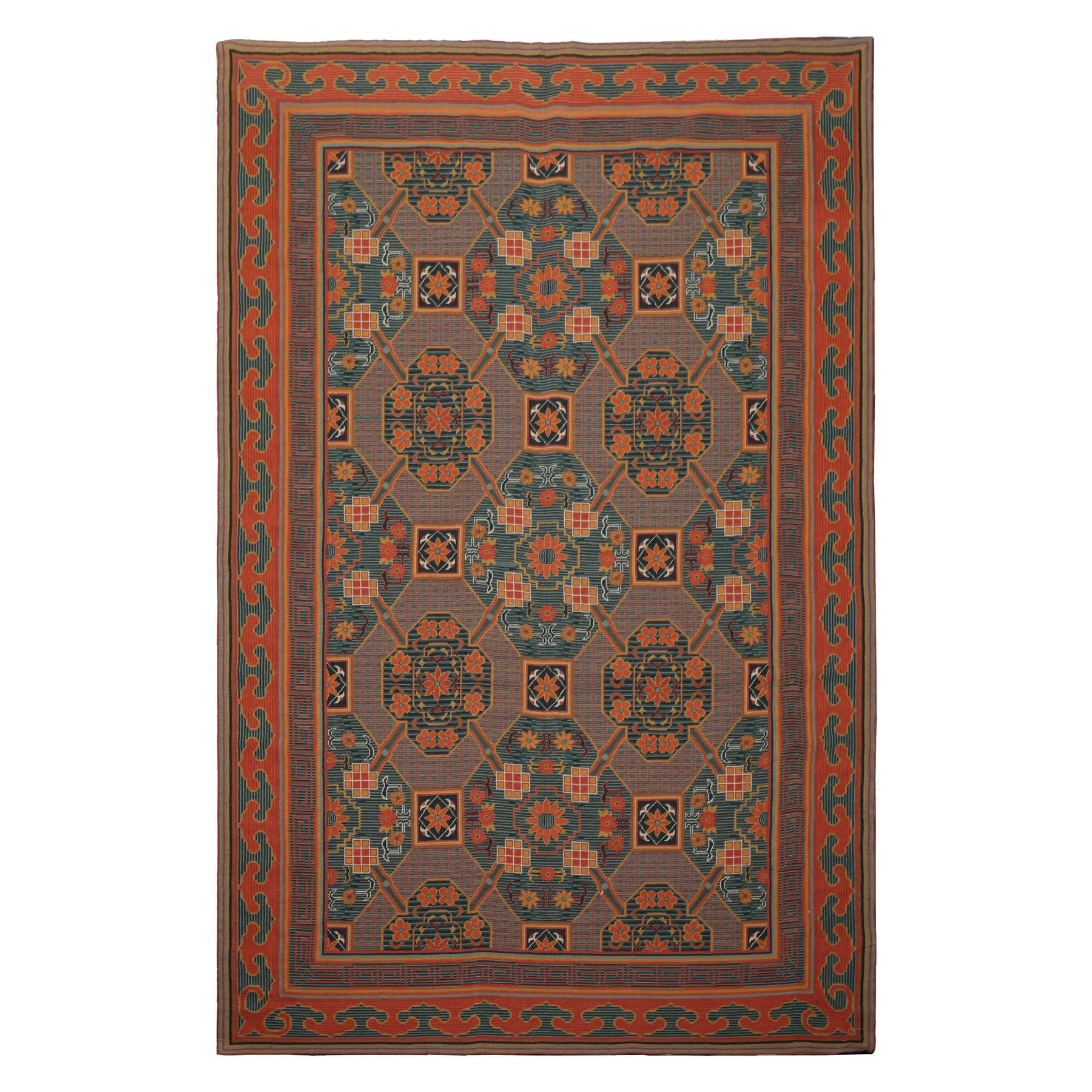 6x9 Teal, Orange, Gold Color Hand Woven French Needlepoint Wool Art Deco Oriental Rug