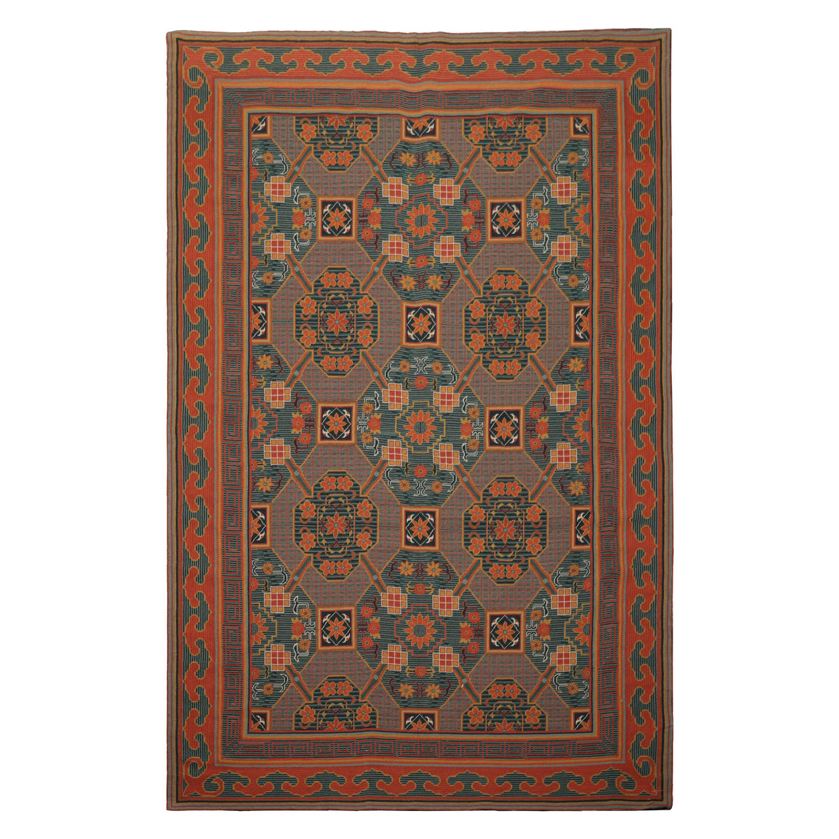 6x9 Teal, Orange, Gold Color Hand Woven French Needlepoint Wool Art Deco Oriental Rug