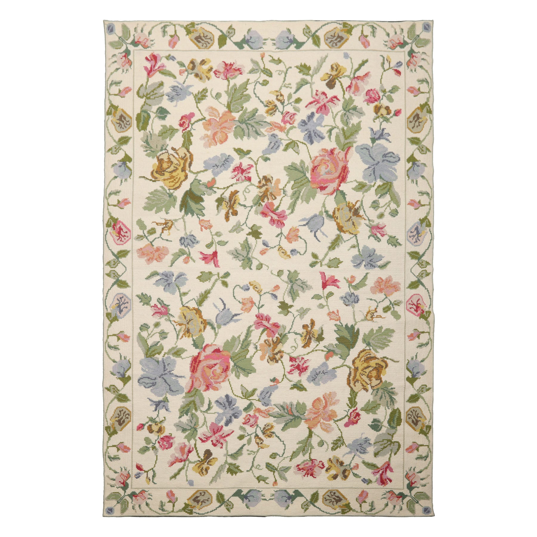 6x9 Ivory, Green, Pink Color Hand Woven Caucasian Needlepoint Wool Traditional Oriental Rug
