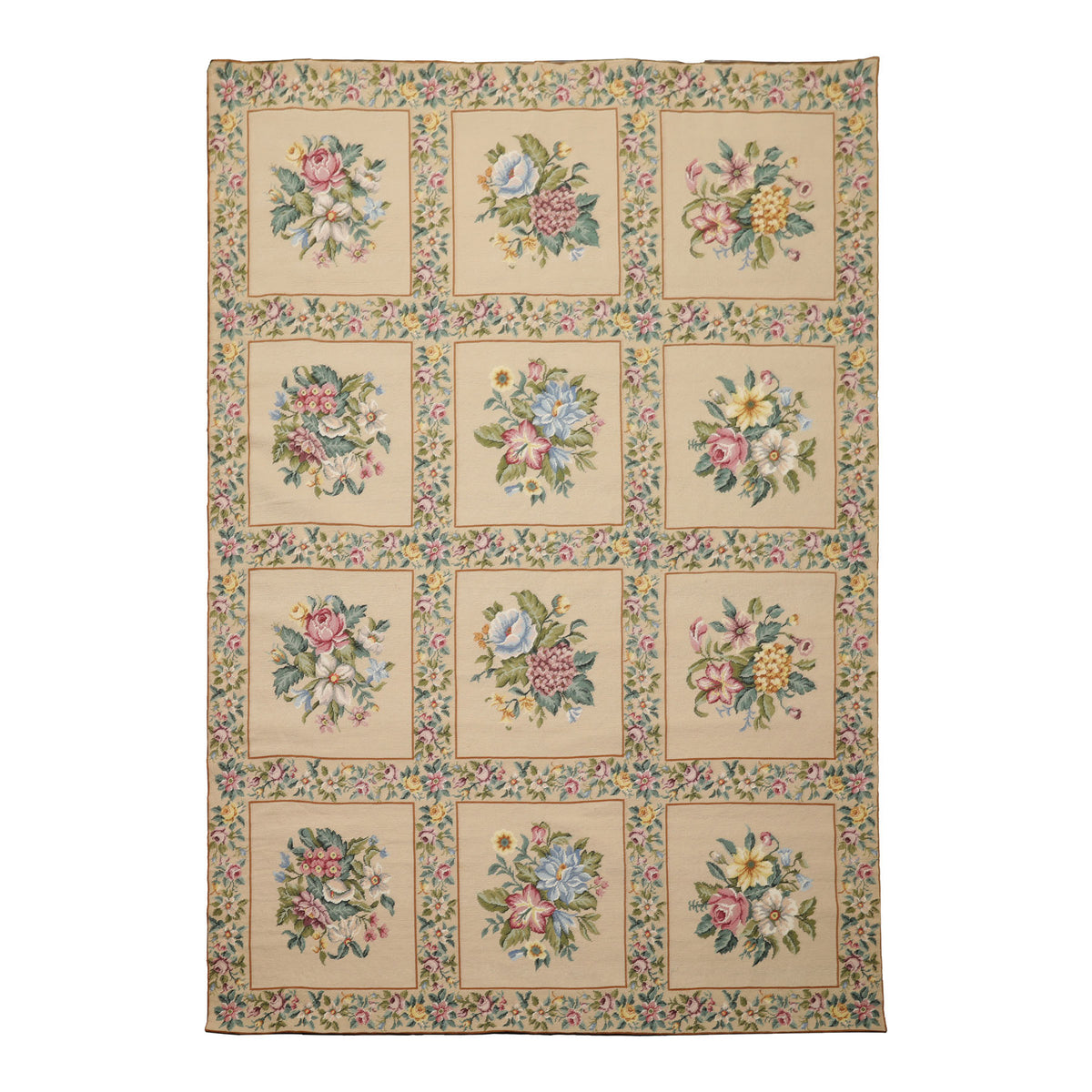 6x9 Khaki, Green, Blue Color Hand Woven French Needlepoint Wool Traditional Oriental Rug