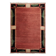 6x9 Rust, Black, Green Color Hand Knotted Tibetan New Zealand Wool Art Deco Oriental Rug