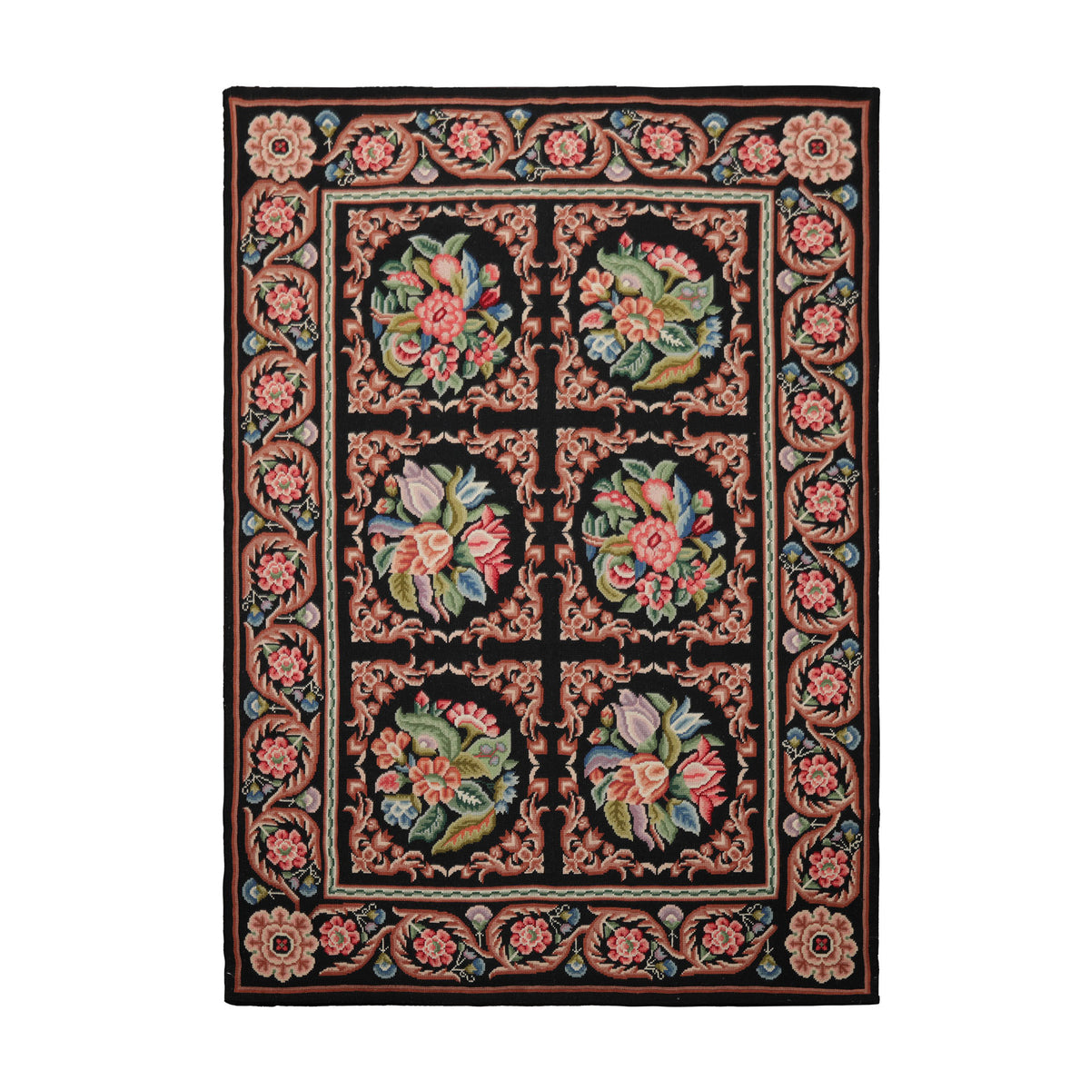 6x9 Black, Rust, Ivory Color Hand Woven Needlepoint Wool Traditional Oriental Rug