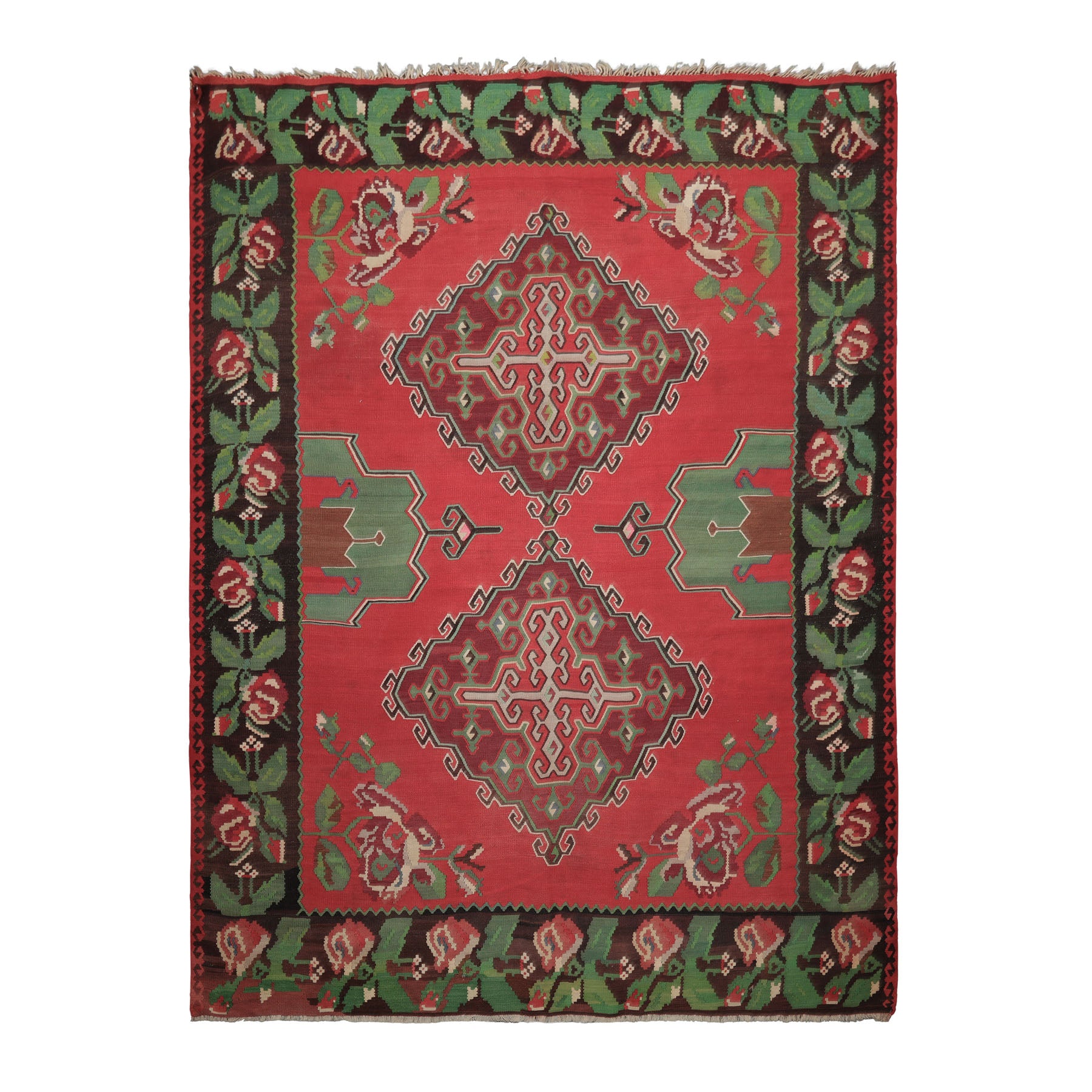 7x9 Crimson, Brown, Green Color Hand Woven Kilim Wool Arts & Crafts Oriental Rug