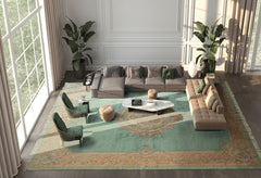 Oversize Sea Foam, Green, Light Peach Color Hand Knotted Aubusson Savonnerie Wool Traditional Oriental Rug