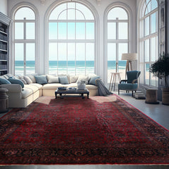 Oversize Deep Wine Red, Midnight Blue, Navy Color Hand Knotted Agra Wool Traditional Oriental Rug