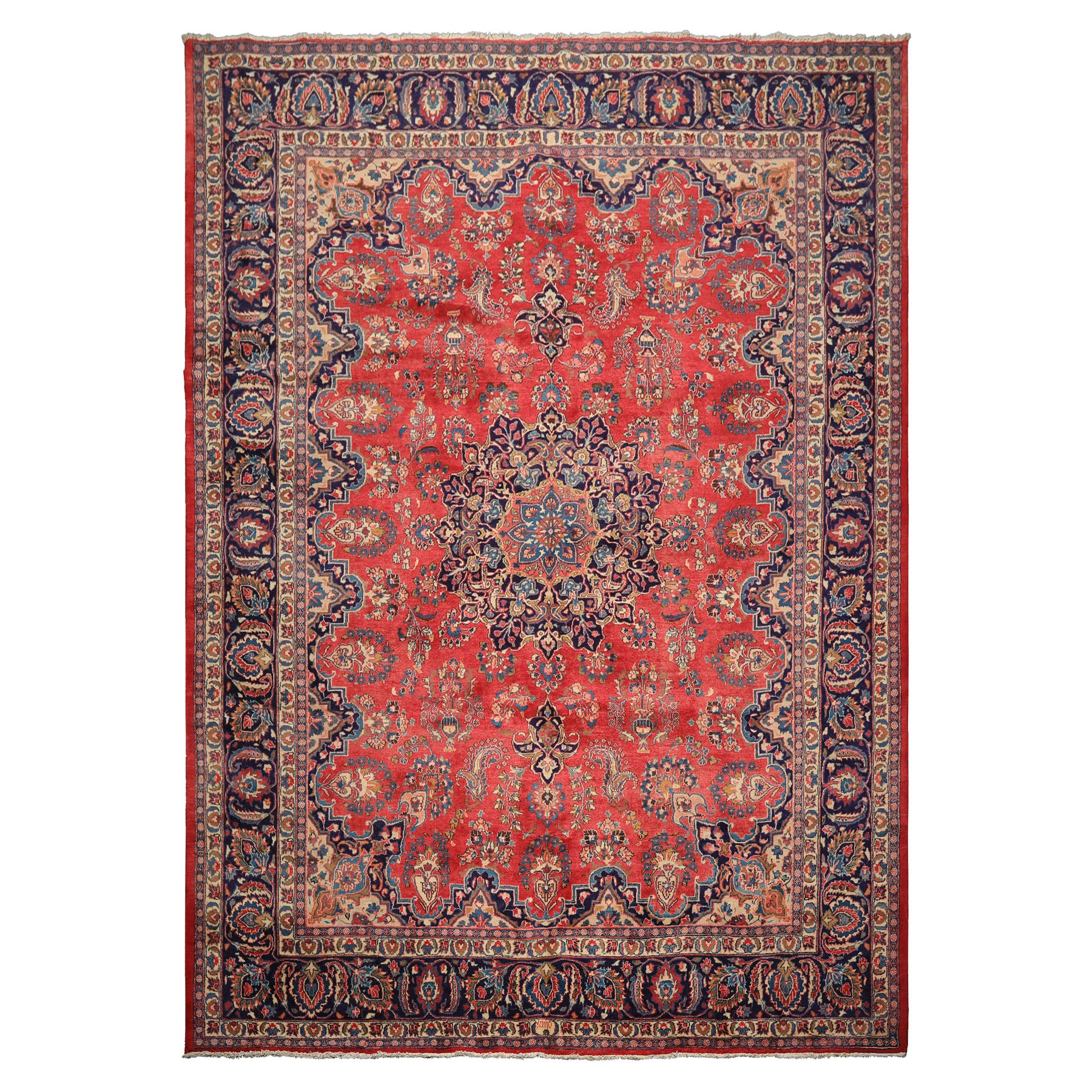 9x12 Coral, Navy, Ivory Color Hand Knotted Kashan Wool Traditional Oriental Rug