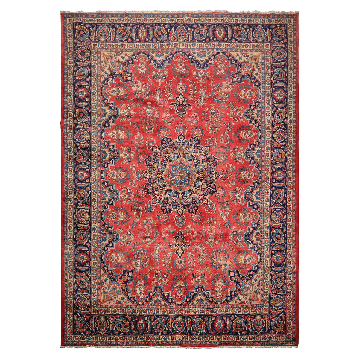 9x12 Coral, Navy, Ivory Color Hand Knotted Kashan Wool Traditional Oriental Rug