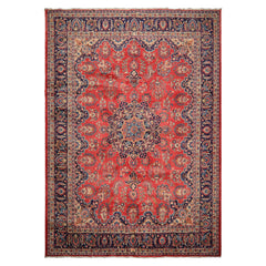 9x12 Coral, Navy, Ivory Color Hand Knotted Kashan Wool Traditional Oriental Rug