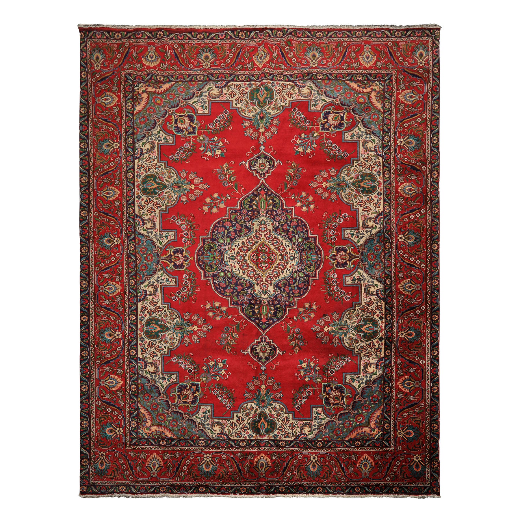 9x12 Red, Ivory, Aqua Color Hand Knotted Tabriz Wool Traditional Oriental Rug
