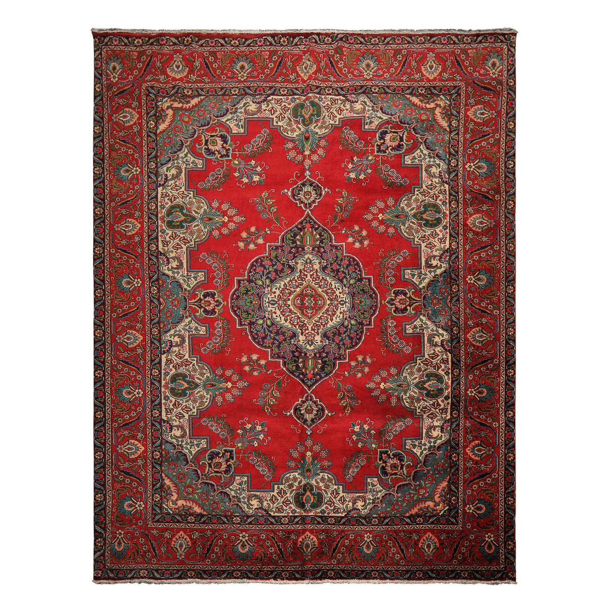 9x12 Red, Ivory, Aqua Color Hand Knotted Tabriz Wool Traditional Oriental Rug