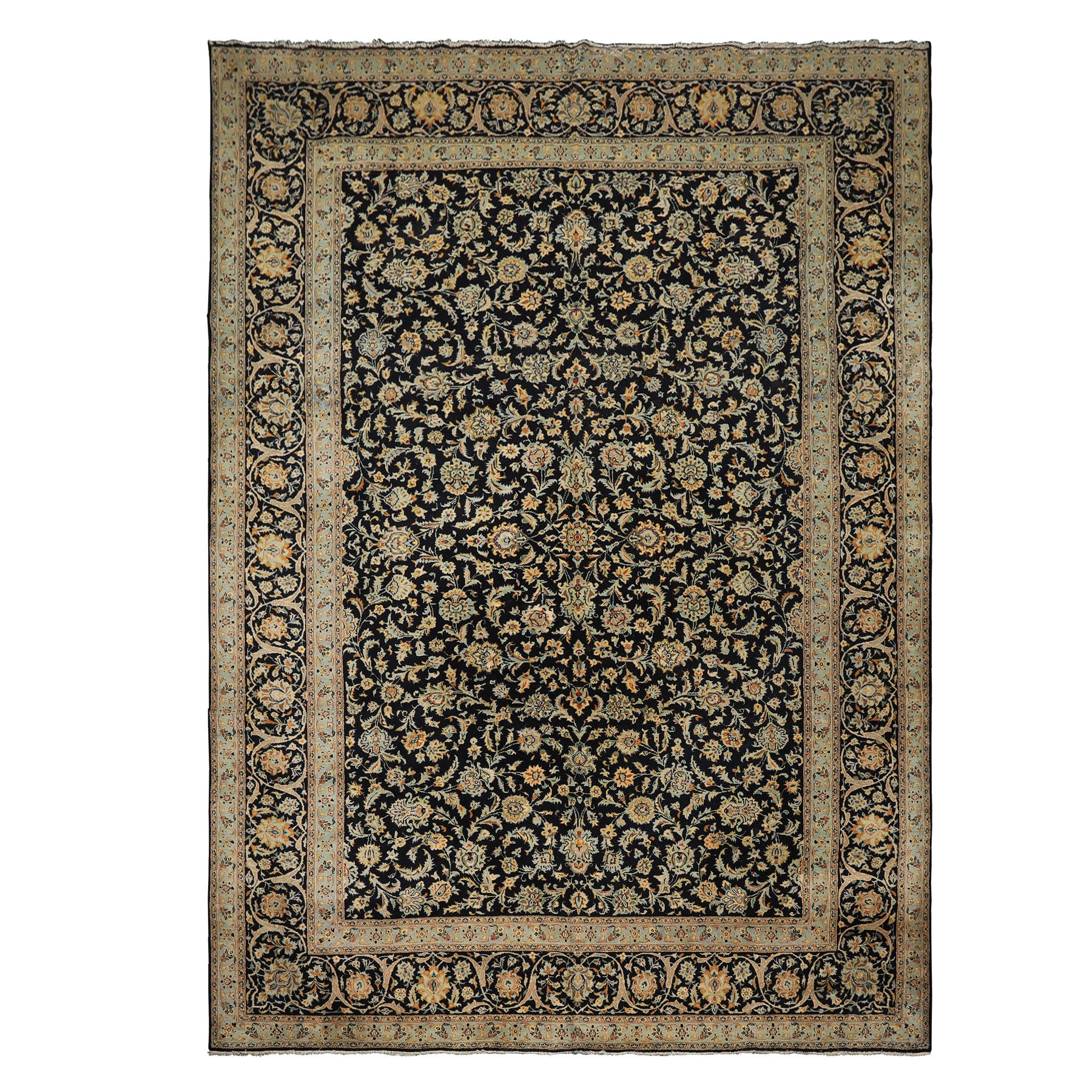 10x14 Black, Ivory, Mint Color Hand Knotted Kashan Wool Traditional Oriental Rug