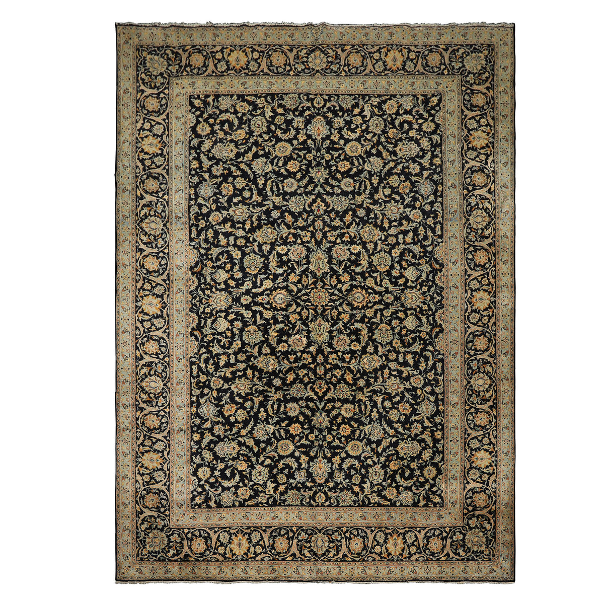 10x14 Black, Ivory, Mint Color Hand Knotted Kashan Wool Traditional Oriental Rug