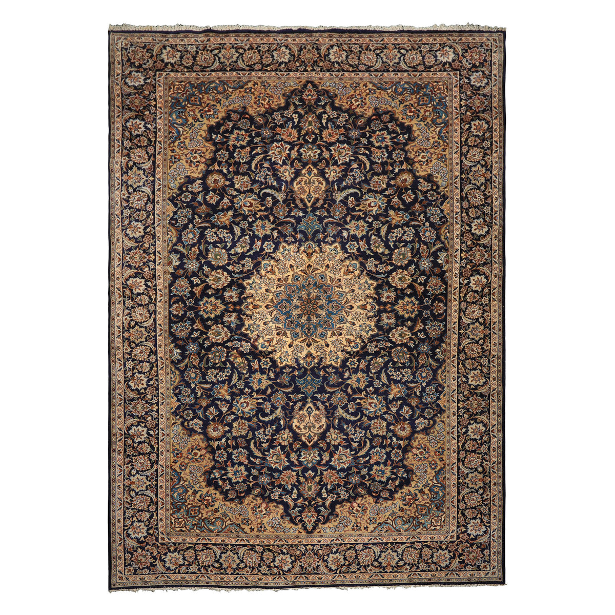 9x13 Navy, Ivory, Beige Color Hand Knotted Kashan Wool Traditional Oriental Rug