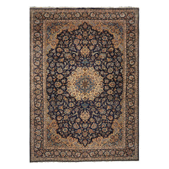 9x13 Navy, Ivory, Beige Color Hand Knotted Kashan Wool Traditional Oriental Rug