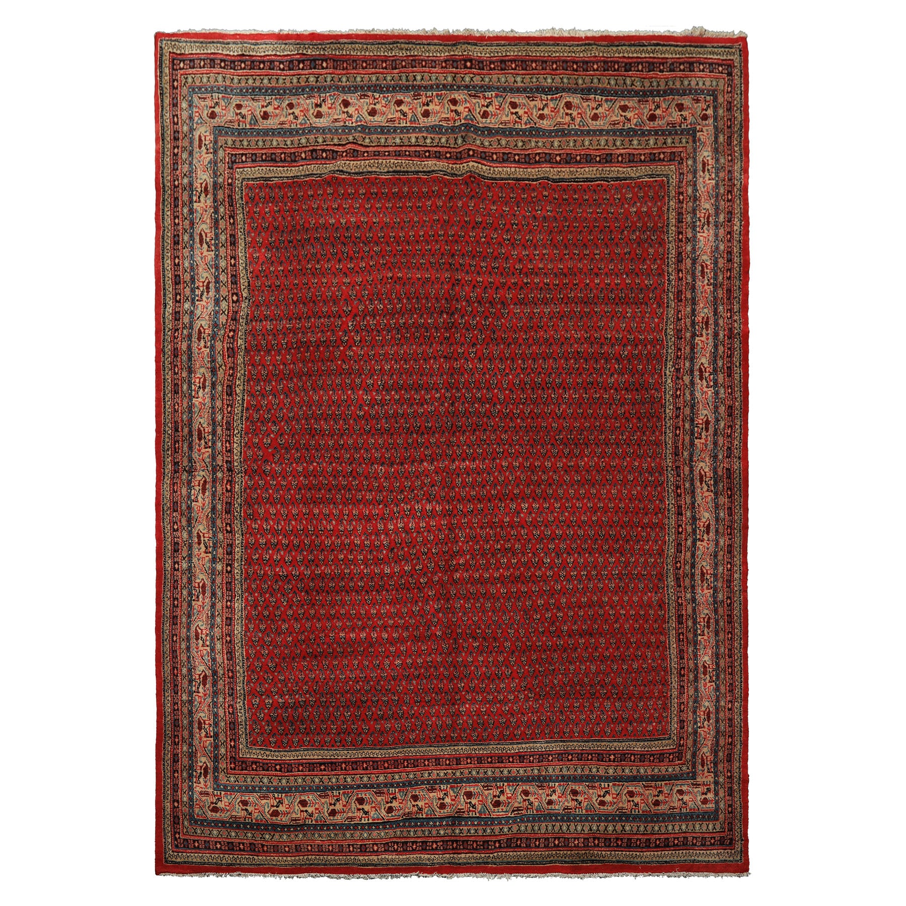 7x11 Tomato Red, Beige, Aqua Color Hand Knotted Persian Boteh Wool Traditional Oriental Rug