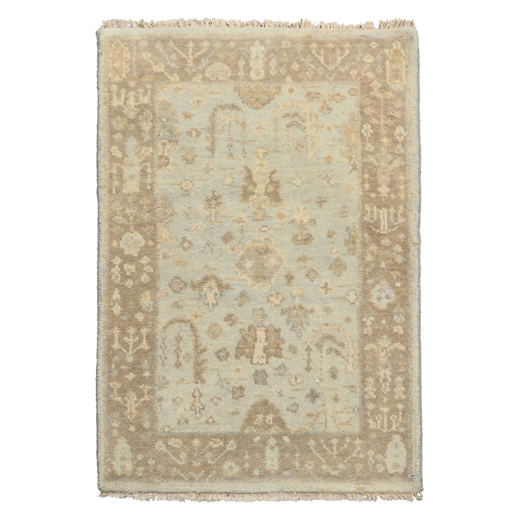 2x3 Mint, Taupe, Beige Color Hand Knotted Oushak Wool Transitional Oriental Rug