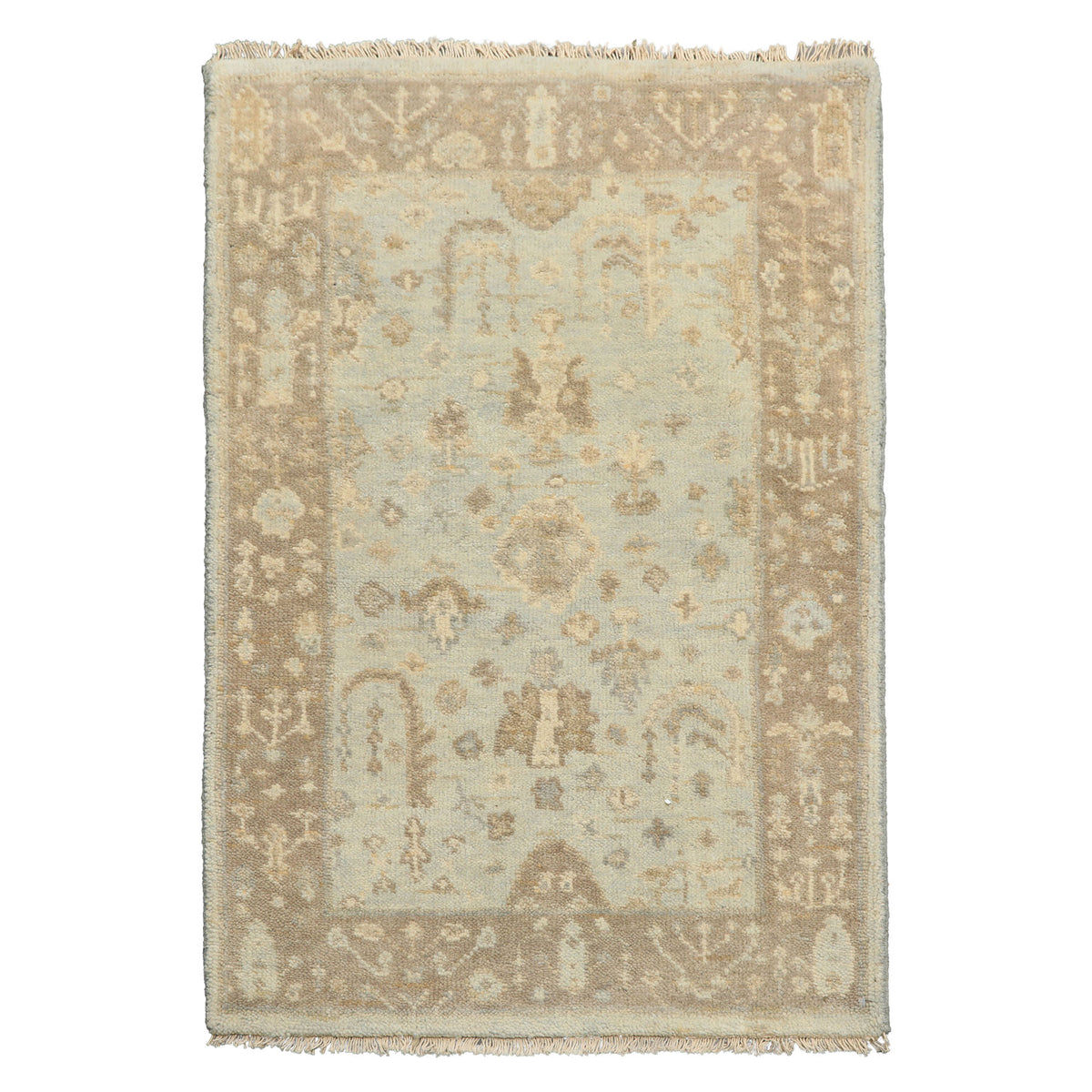 2x3 Mint, Taupe, Beige Color Hand Knotted Oushak Wool Transitional Oriental Rug