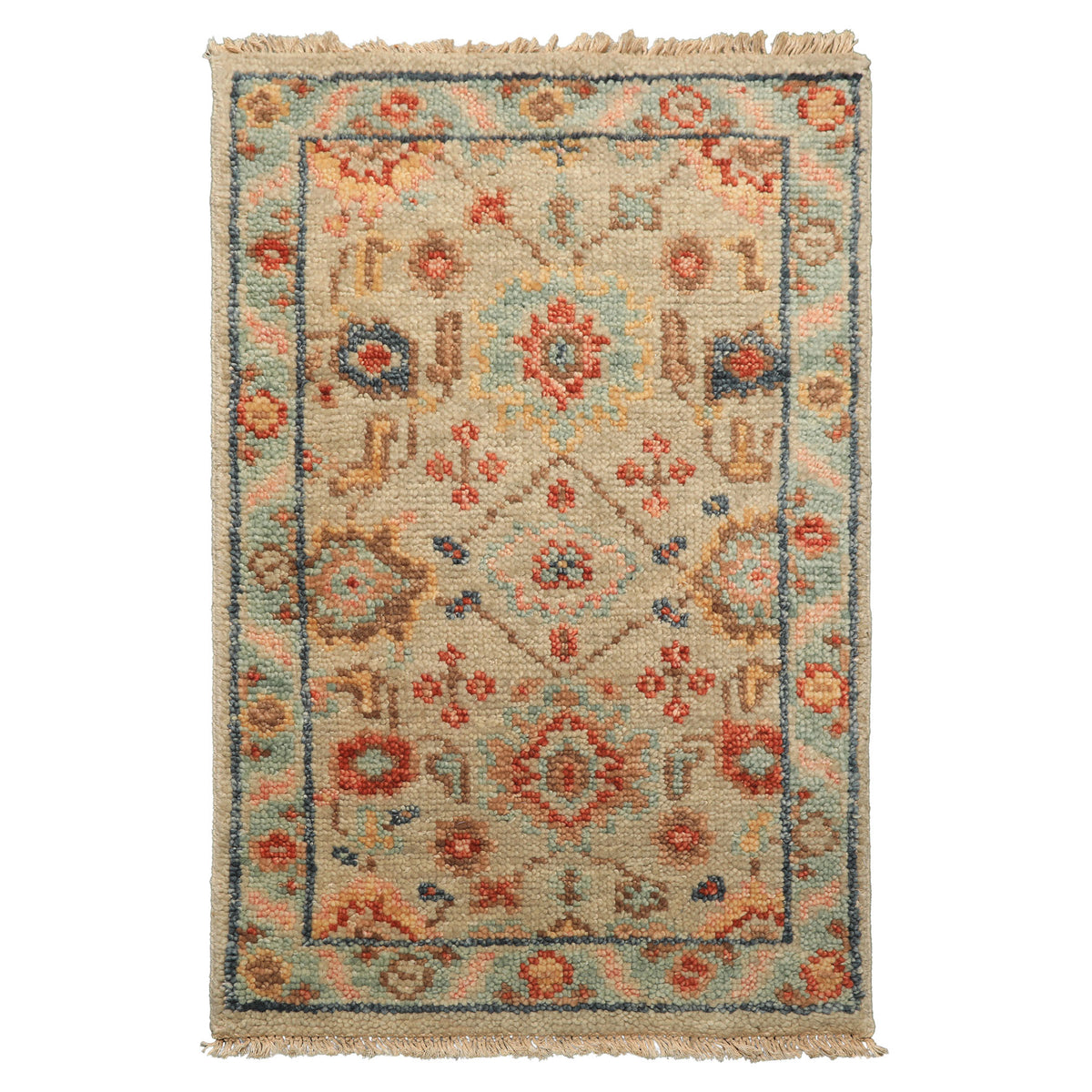 2x3 Beige, Aqua, Rust Color Hand Knotted Oushak Wool Transitional Oriental Rug