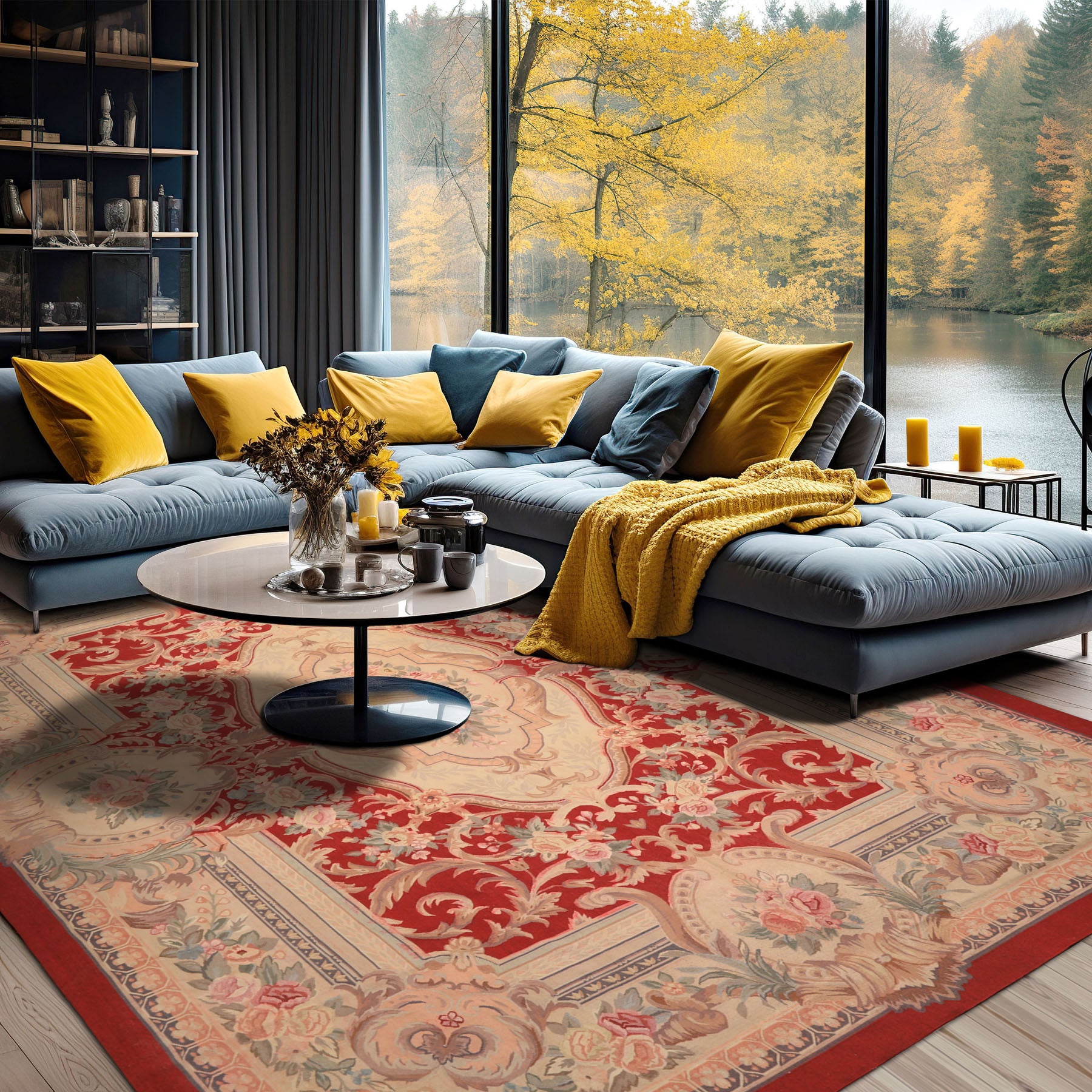 9x12 Red, Beige, Aqua Color Hand Woven French Aubusson Wool Traditional Oriental Rug