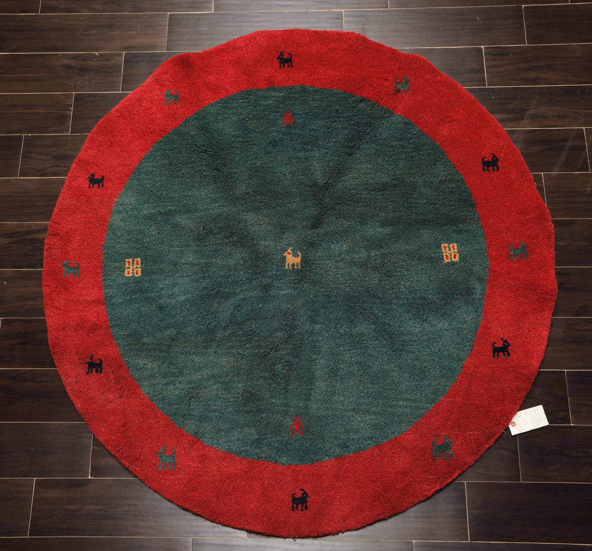 Round Green, Red, Gold Color Hand Knotted Gabbeh Wool Modern & Contemporary Oriental Rug