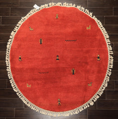 Round Coral, Gold, Black Color Hand Knotted Gabbeh Wool Modern & Contemporary Oriental Rug