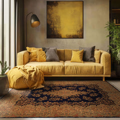 9x12 Navy, Gold, Turquoise Color Hand Knotted Kerman Wool Traditional Oriental Rug