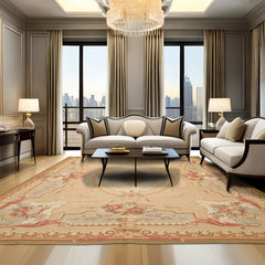 8x10 Tan, Ivory, Green Color Hand Woven French Aubusson Needlepoint Wool Traditional Oriental Rug