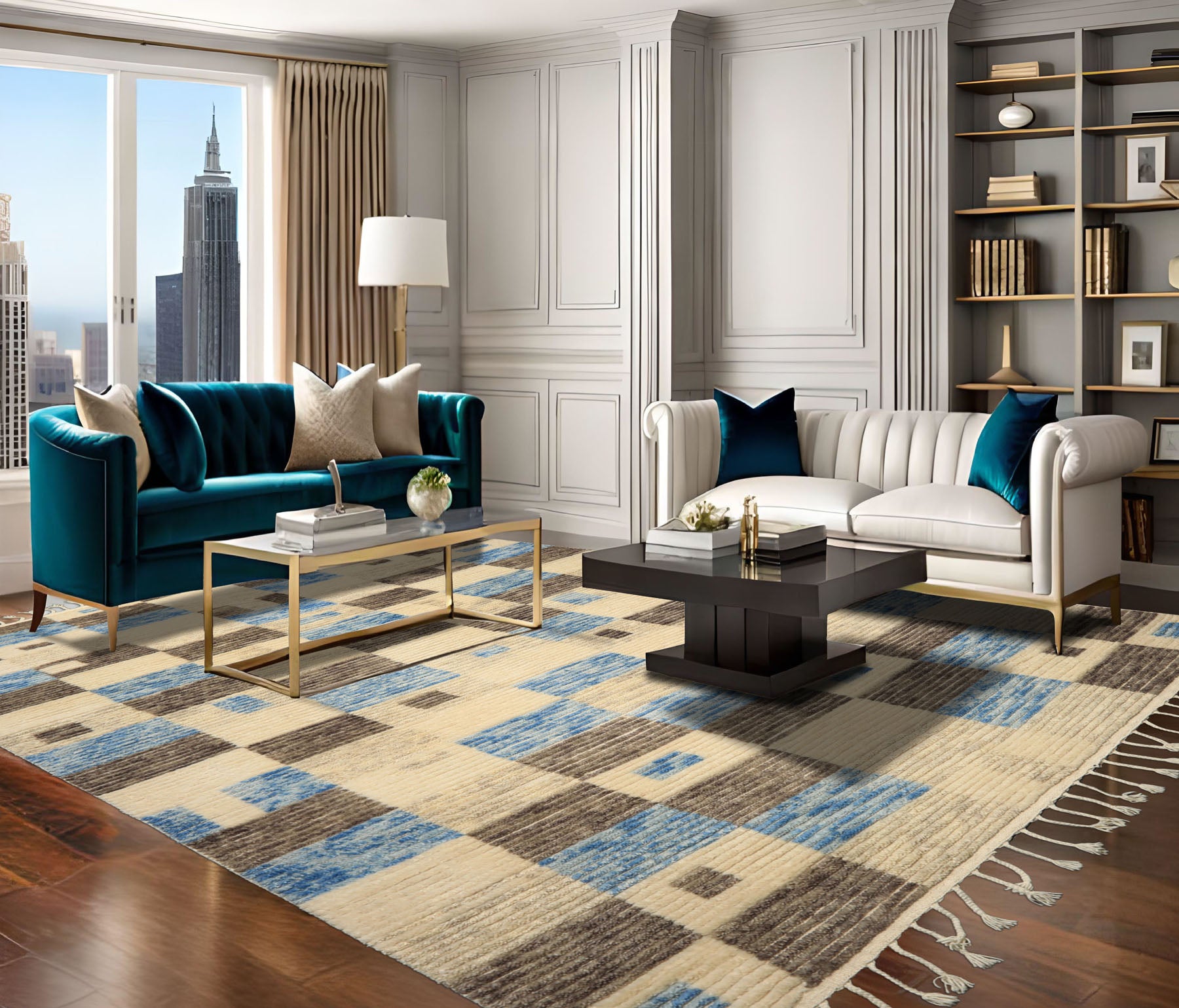 8x10 Ivory, Blue, Brown Color Hand Knotted Moroccan Wool Modern & Contemporary Oriental Rug