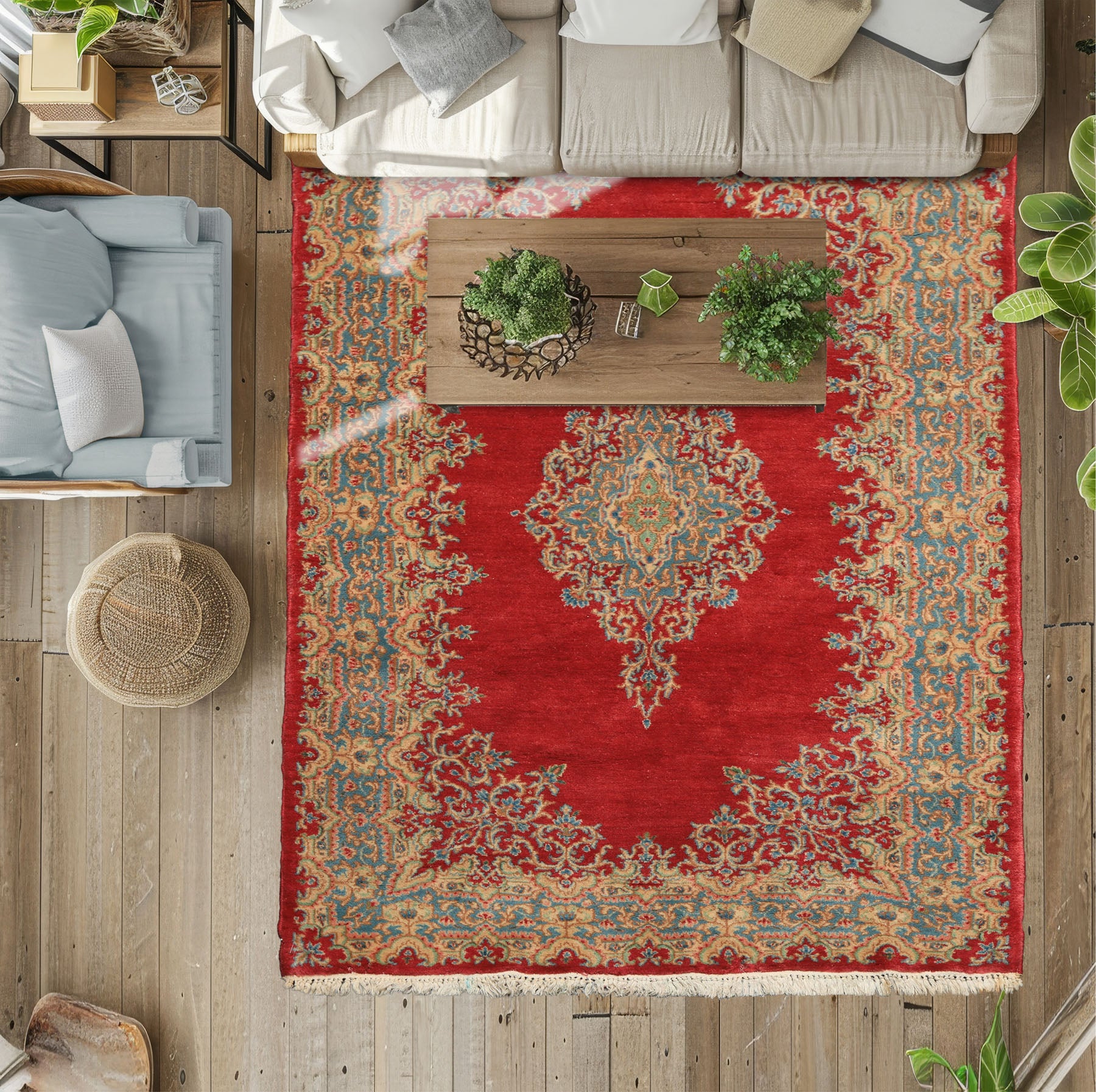 4x7 Coral, Aqua, Gold Color Hand Knotted Kerman Wool Traditional Oriental Rug