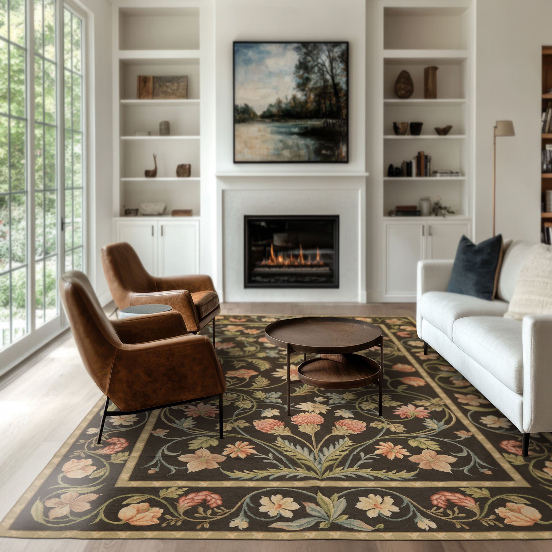 6x9 Brown, Green, Blush Color Hand Woven Needlepoint Wool Traditional Oriental Rug