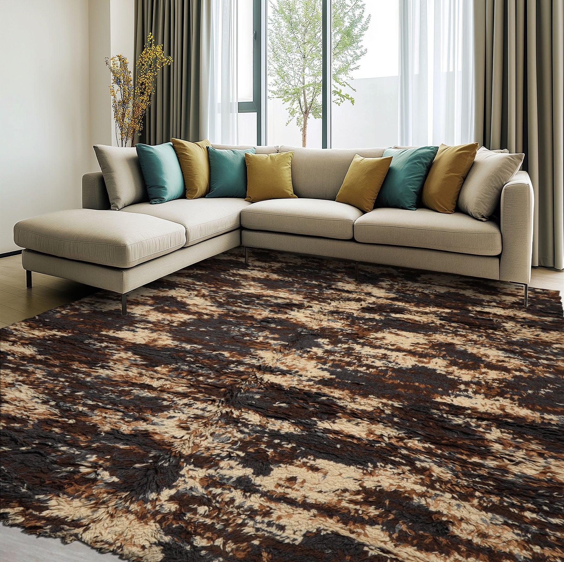 8x10 Ivory, Chocolate, Aubergine Color Hand Knotted Moroccan Shag Wool Modern & Contemporary Oriental Rug