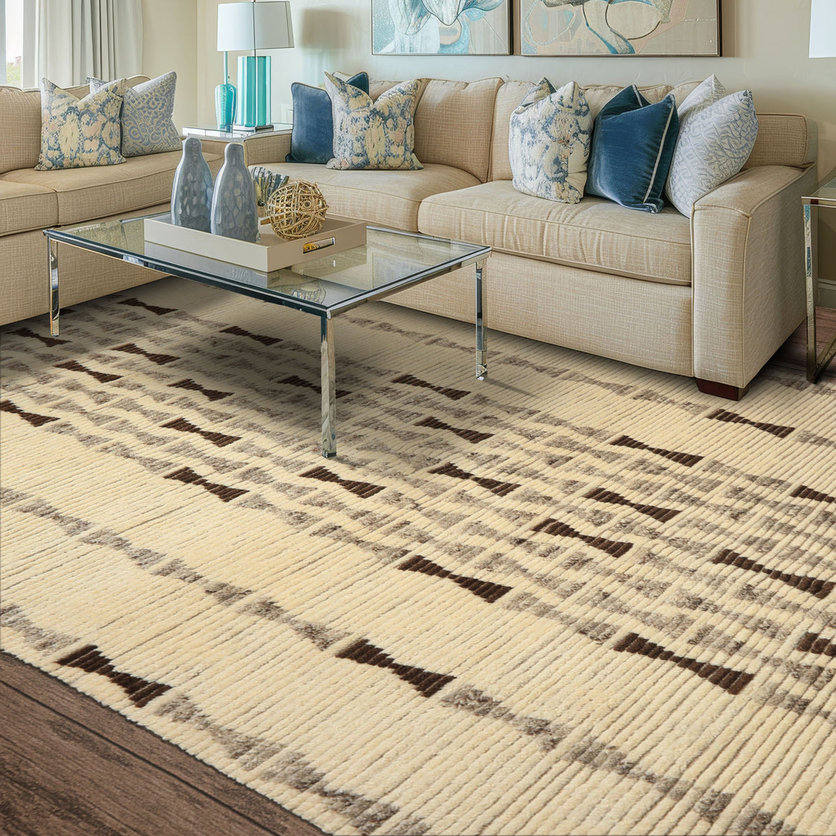 8x10 Ivory, Taupe, Chocolate Color Hand Knotted Moroccan Wool Modern & Contemporary Oriental Rug