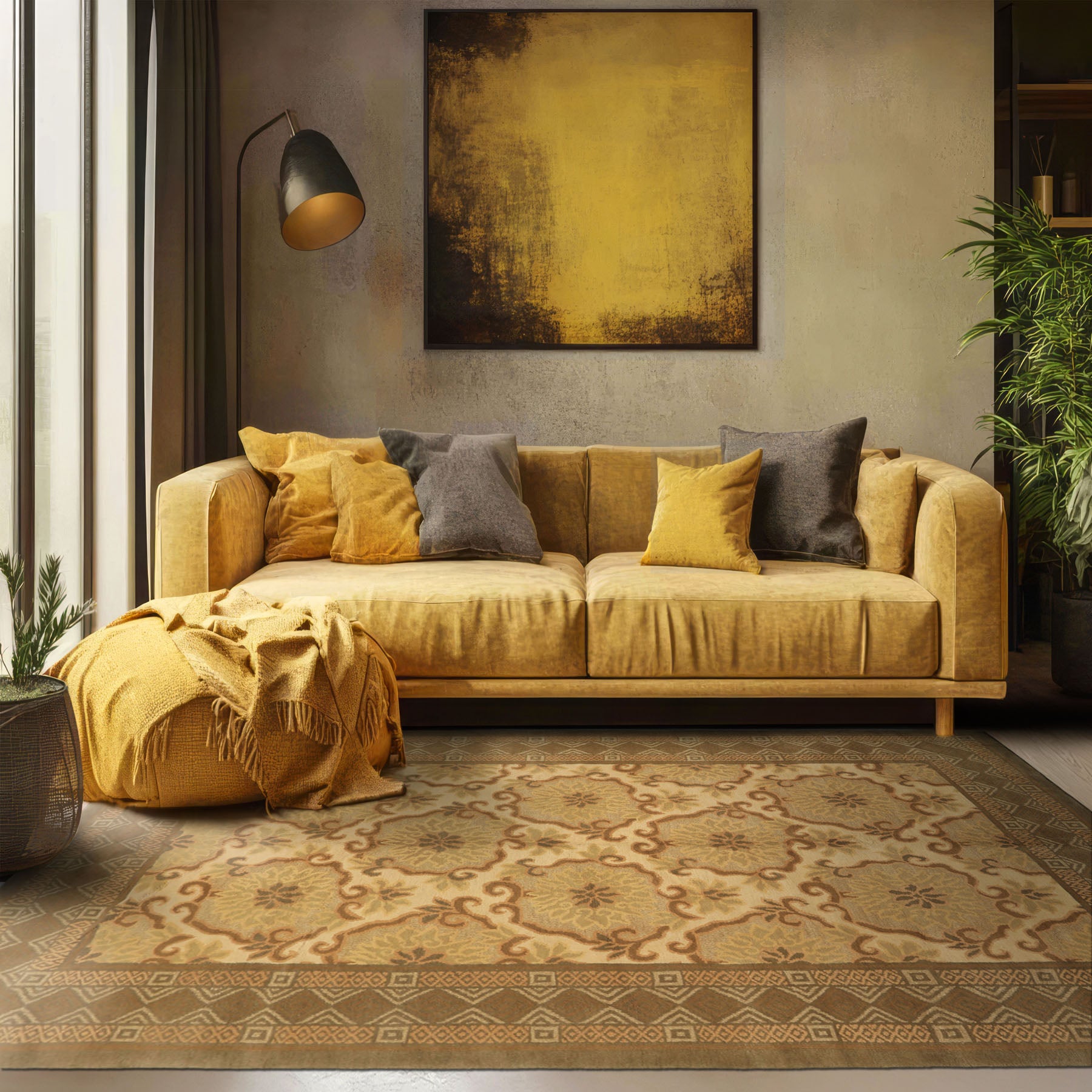 6x9 Beige, Moss, Brown Color Hand Knotted Tibetan Wool & Silk Transitional Oriental Rug